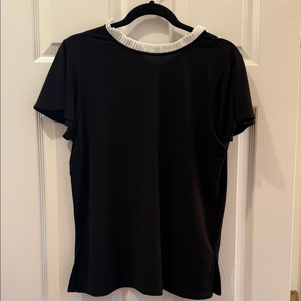Adrianna Papell Black Short Sleeve Top with White Ruffle Neckline